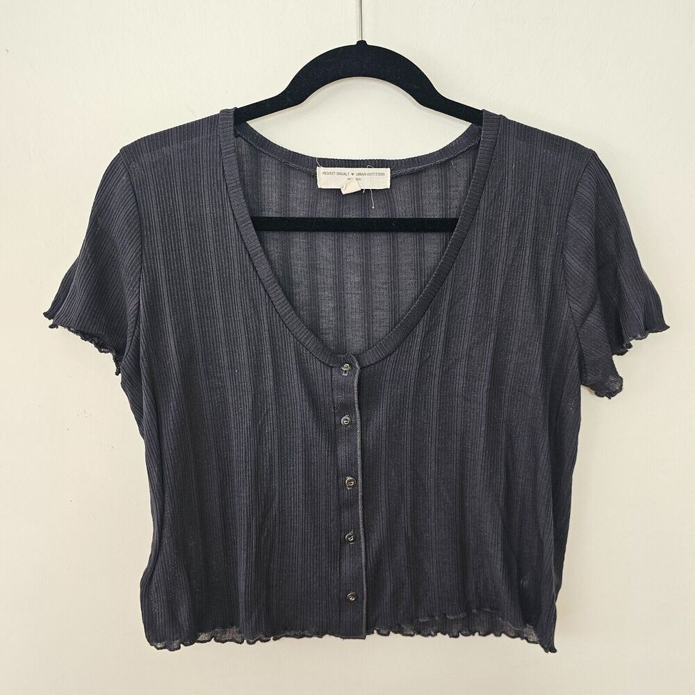 Project Social T Lettuce Edge Rib Knit Button Short Sleeve Scoop Neck Blouse XL
